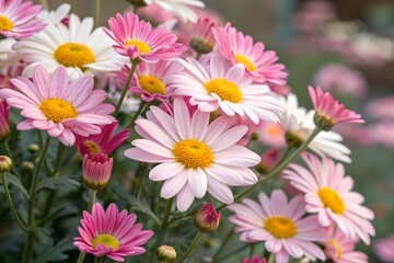 Obraz premium Vivid Pink and White Daisies in a Full Bloom Floral Pattern with Yellow Centers