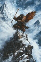 Winged figure, staff, snowy mountain peak, stormy sky.