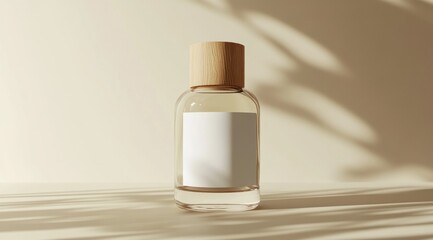Naklejka premium Glass bottle with wooden cap and blank label on beige background.