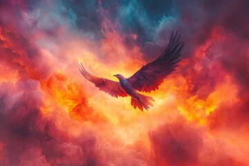 Fototapeta premium Crimson bird soars through fiery, textured clouds.
