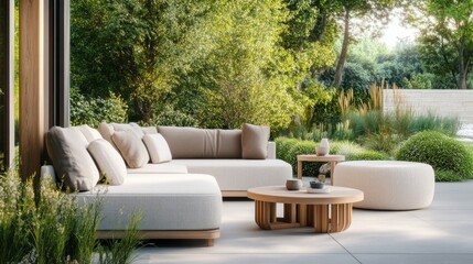 Modern minimalist garden room with clean, serene design. Featuring neutral tones and sleek furniture