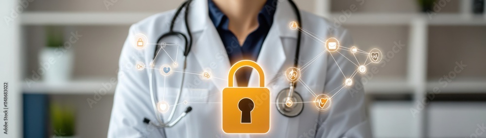 Aufkleber doctor in white coat with stethoscope emphasizing digital security and privacy in healthcare with lo