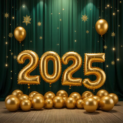 Gold 2025 Balloons Against Emerald Green Curtains