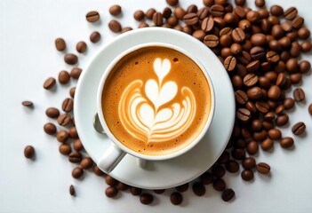 Fototapeta premium Steaming cup of coffee with a delicate latte art design surrounded by an artful arrangement of coffee beans