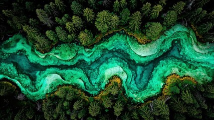 Aerial view of a vibrant green river winding through a lush forest.