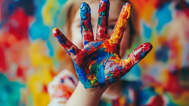 A child with a big smile holding a paintbrush, creating a colorful masterpiece in an art class