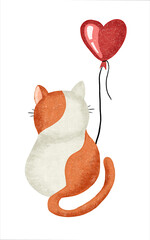 Cat holding a red heart baloon