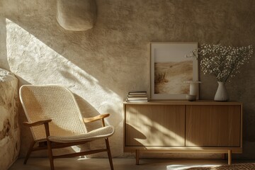 Sunlit Living Room with Rattan Chair and Wooden Cabinet