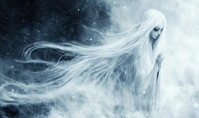 Pale figure, flowing white hair, icy, ethereal, blizzard.