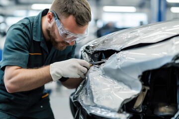 Expert auto body technician works on dented car fender in repair shop. Skilled mechanic repairs damaged car part. Quality auto body repair service. Flawless restoration process. Automotive