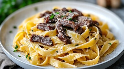 Creamy pasta with beef and parmesan.
