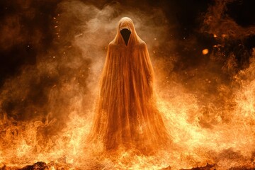 Mysterious Hooded Figure Surrounded by Flames in Dark Atmosphere Evokes Feelings of Fear, Intrigue, and Uncertainty in an Artistic Representation of the Supernatural