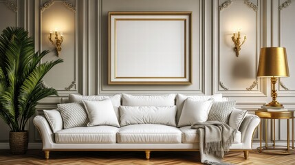 Luxurious Living Room Interior with Elegant White Sofa, Decorative Wall Sconces, Gold Accents, and Minimalist Artwork in a Classically Designed Space