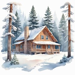 Fototapeta premium A cozy log cabin nestled in a snowy winter forest. The idyllic scene is painted in soft, cool tones, creating a peaceful and serene atmosphere.
