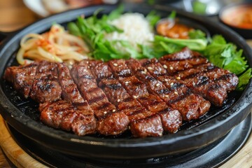 Sizzling Grilled Beef Steak with Rice and Kimchi