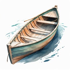 A watercolor painting of a classic wooden rowboat gently bobbing on the water. The teal and wood tones create a serene coastal scene.