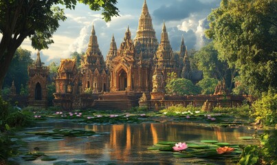 Obraz premium Ancient temple, serene pond, water lilies, lush foliage.