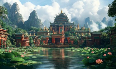 Obraz premium Serene temple complex, lotus pond, mountainous backdrop.