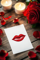 Lip print with red lipstick on aged letter paper, on wooden background, candles, rose, perfume, retro style postcard for valentine's day.