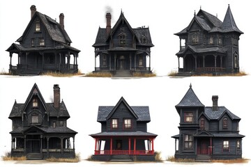 Collection of Gothic Revival Houses with Intricate Architecture and Distinct Features in Various Styles and Colors Against a Neutral Background