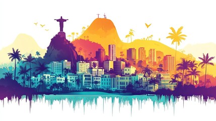Rio de janeiro Brazil Travel Poster Flat Illustration Print Decor Gift Canvas Wall Art Gift