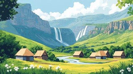 Nelthisane Lesotho Travel Poster Flat Illustration Print Decor Gift Canvas Wall Art Gift