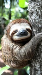 Fototapeta premium Jungle Creature. Close-up of brown sloth hanging on tree in tropical f