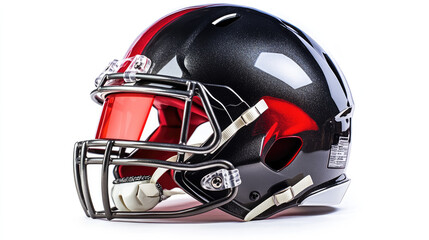 Naklejka premium Black and red football helmet with facemask isolated on white background.