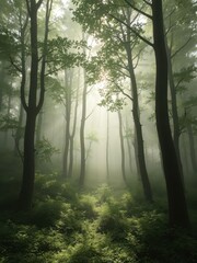 Obraz premium Misty green forest, sunlight dappling through fog, calm, ecology