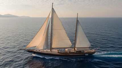 Fototapeta premium A majestic sailing yacht gliding through calm ocean waters under billowing sails.
