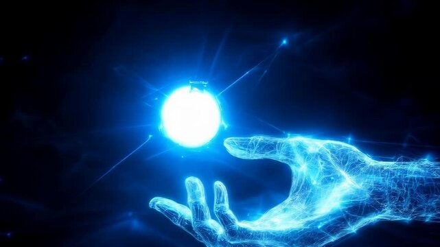 Mystical glowing blue energy hand reaching for bright orb of light. Abstract magical cosmic animation sequence. Spiritual ethereal concept for banner with copy space