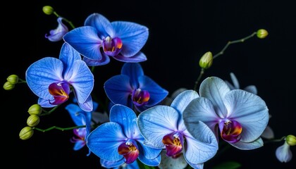 Blue orchids blooming, tenderness and romance on a dark background, vibrant colors,  floral background, copy space, Women's Day, Mother's Day, Wedding, Valentine's Day, birthday, anniversary © Elen