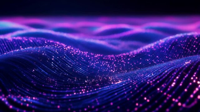 Digital wave particle flow animation in purple and blue colors. Abstract technology background with glowing dots. Futuristic motion design concept for tech presentation with copy space