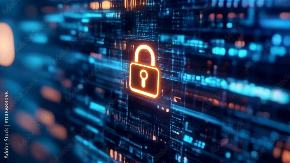 Aufkleber digital cybersecurity concept with glowing orange padlock icon on blue matrix background. network pr