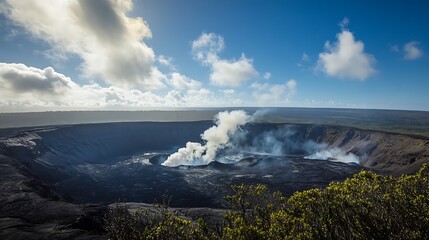 Volcanic crater with smoke emitting from the vent, under a partly cloudy sky.