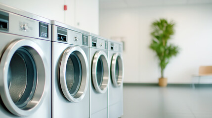 Row of modern industrial washing machines in bright laundry room