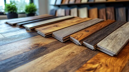 Variety of wooden floor samples displayed on a table in a design showroom