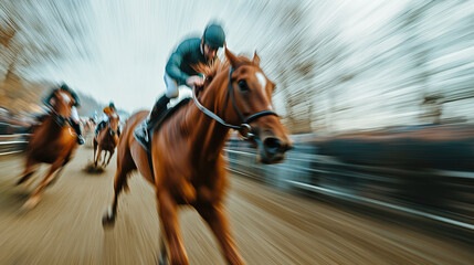 Naklejka premium Fast-paced horse racing event in an outdoor track during the day with jockeys competing for victory