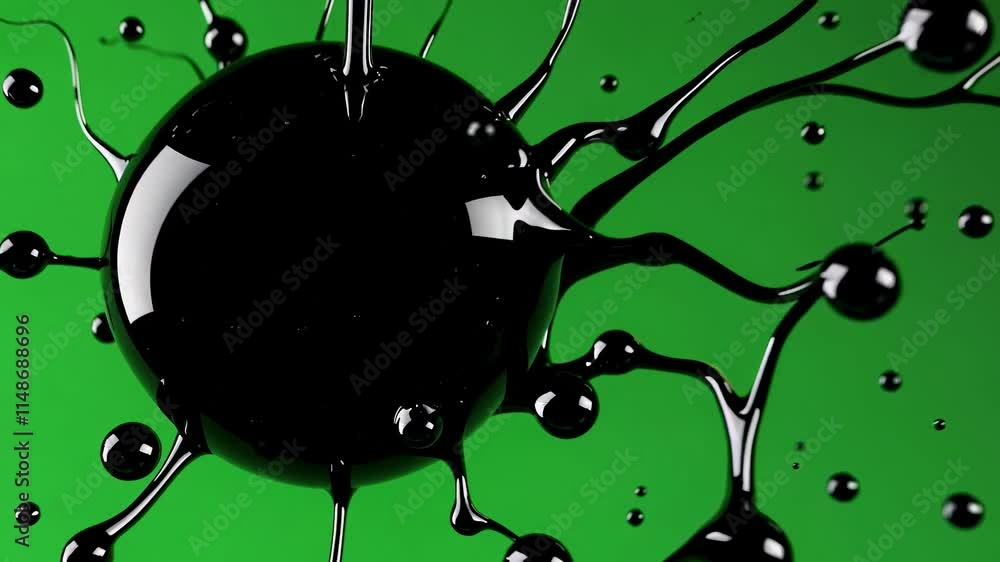 Poster black liquid splashes in striking patterns against a vibrant green background