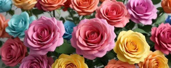 Fototapeta premium Vibrant paper roses, various colors, close-up, colorful background, texture, greeting card