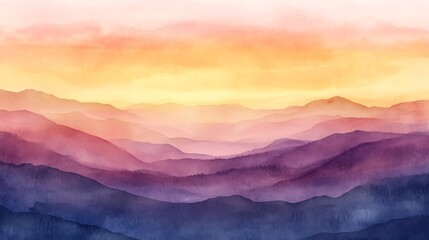 Obraz premium Watercolor Sunset Over Layered Mountains