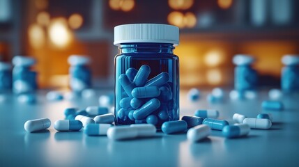 Close-up photo of blue glass pill bottle filled with blue pills. White pills scattered around. Modern health care product imagery for pharmaceutical advertising. Vibrant colors showcase health care