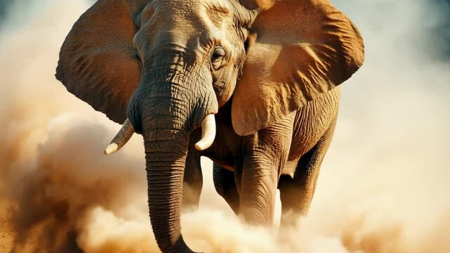 Majestic African Elephant Running Through Desert Dust Storm. Powerful Wildlife Motion Sequence. Dynamic Nature Documentary Style Capture with Dramatic Lighting and Atmosphere with Copy Space