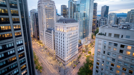 Obraz premium Urban cityscape at dusk with modern skyscrapers and bustling streets