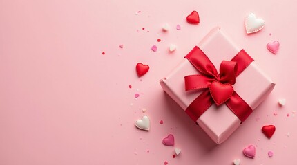 Pink Gift Box with Red and White Hearts on a Pink Background.