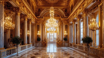 Obraz premium Grand opulent hall with golden details, marble floor, chandeliers, and columns.