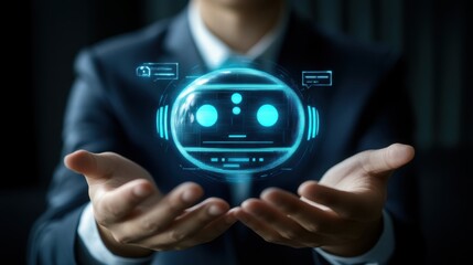 Businessperson Presenting Holographic AI Chatbot