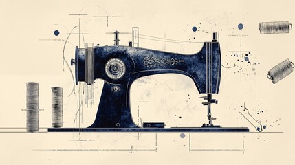 Vintage sewing machine with thread spools and design elements.
