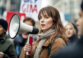 Young caucasian female leading protest with megaphone in urban setting