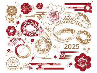 Traditional chinese Lunar new year, year of the snake Elements icon set collection template png cutout